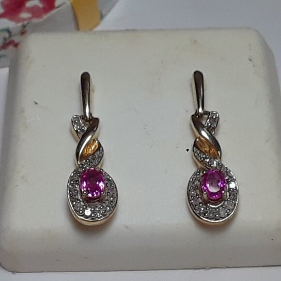 .60ctw Oval Pink Topaz &Diamond Drop Twist 10KT Y/Gold Screw Post Earrings#19995 - Picture 2 of 4